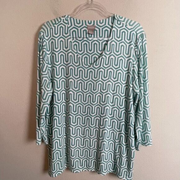 Chico's‎ Stretch Batik Geometric Turquoise White 3/4 Sleeve Top XL Size 3 - Picture 1 of 6
